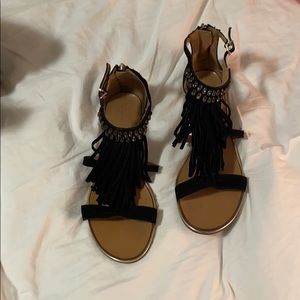 black fringe sandals